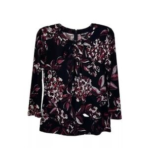 Karl Lagerfeld Black Floral Blouse Women’s XS Long Sleeve Bow Pullover Top